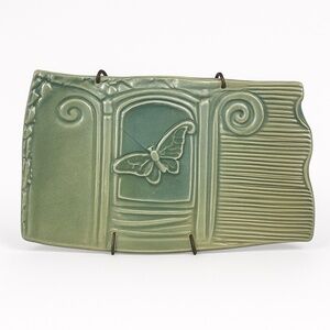 Carol Long Pottery Green Butterfly Relief Ceramic Wall Plaque Tile Handmade OS